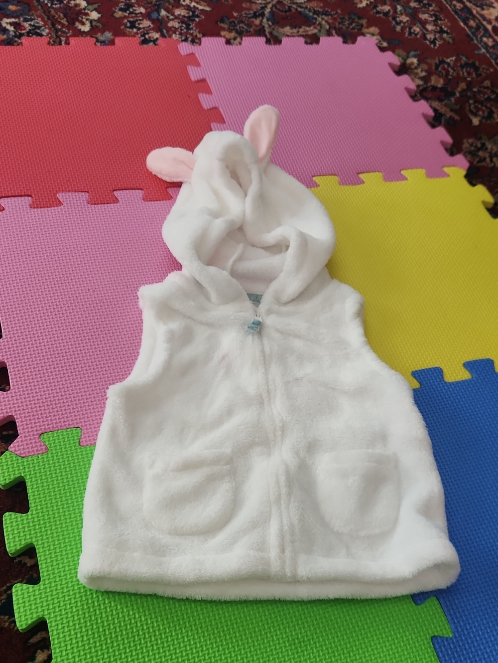 Carter's White Plush Hooded Vest with Pink Ear Accents